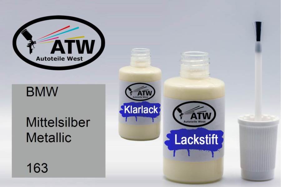 BMW, Mittelsilber Metallic, 163: 20ml Lackstift + 20ml Klarlack - Set, von ATW Autoteile West.